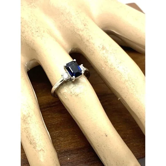 Emerald Cut Blue Gemstone Diamond Engagement Cocktail Ring 14k Gold Women's SZ 7